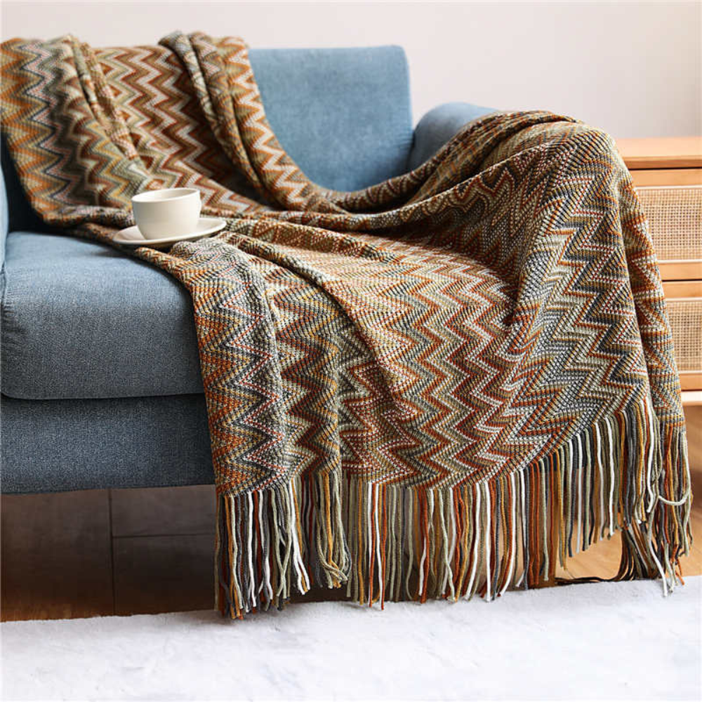 Multicolor Zickzack Fransen Strickdecke