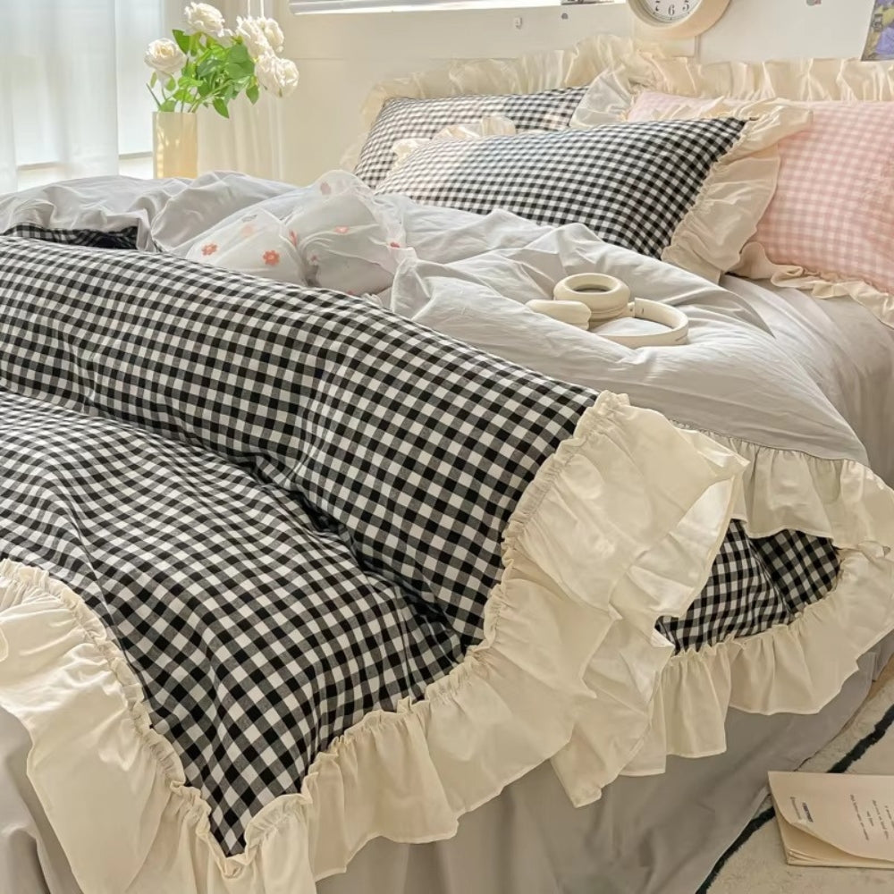 Gingham-Karo Rüschen-Bettwäsche-Set