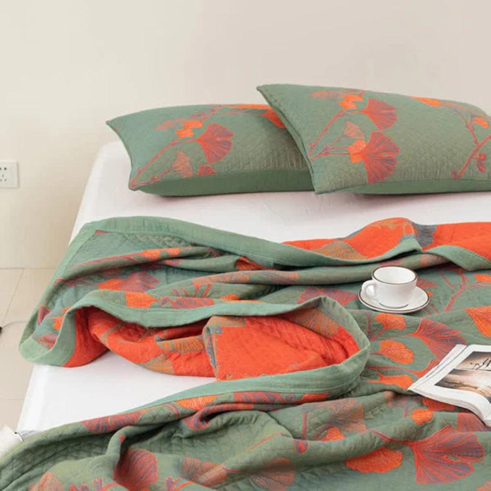Ginkgo Orange Blatt Floral Muster Tagesdecke