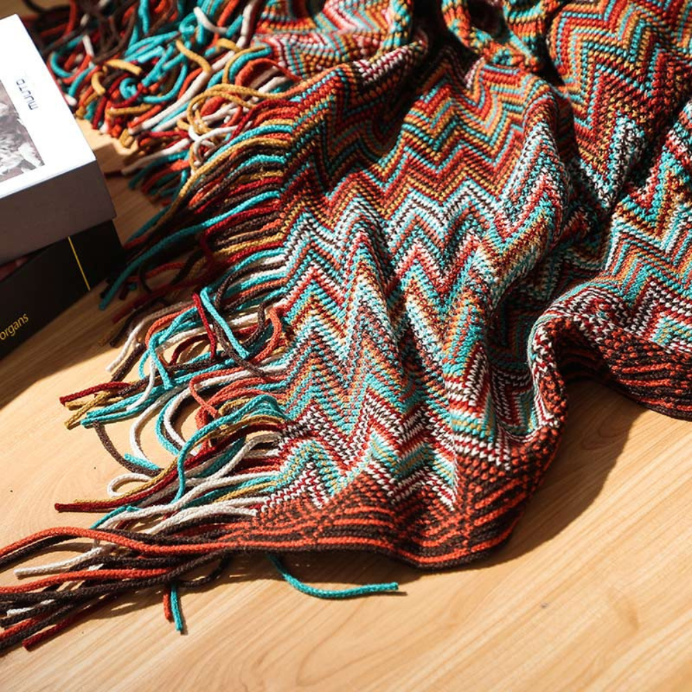 Multicolor Zickzack Fransen Strickdecke