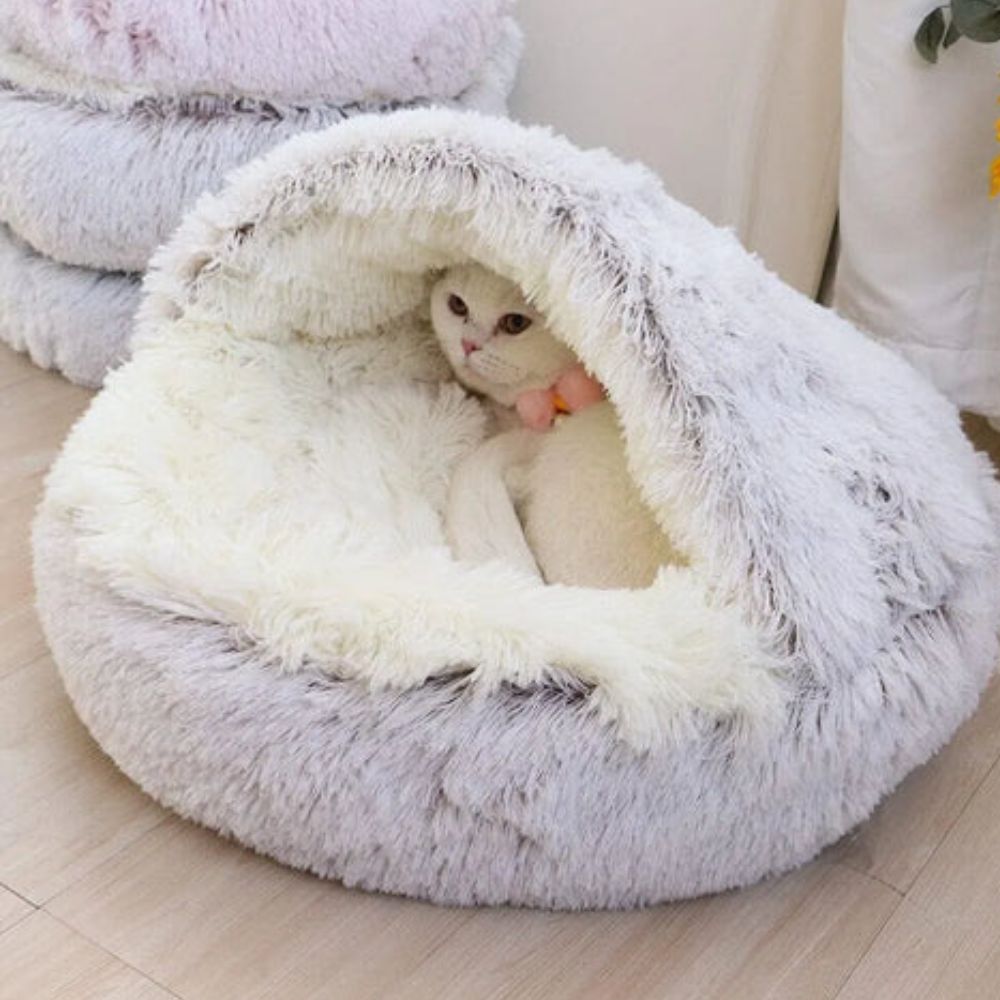 Runde Kapuzen-Faux-Fur Haustierbett