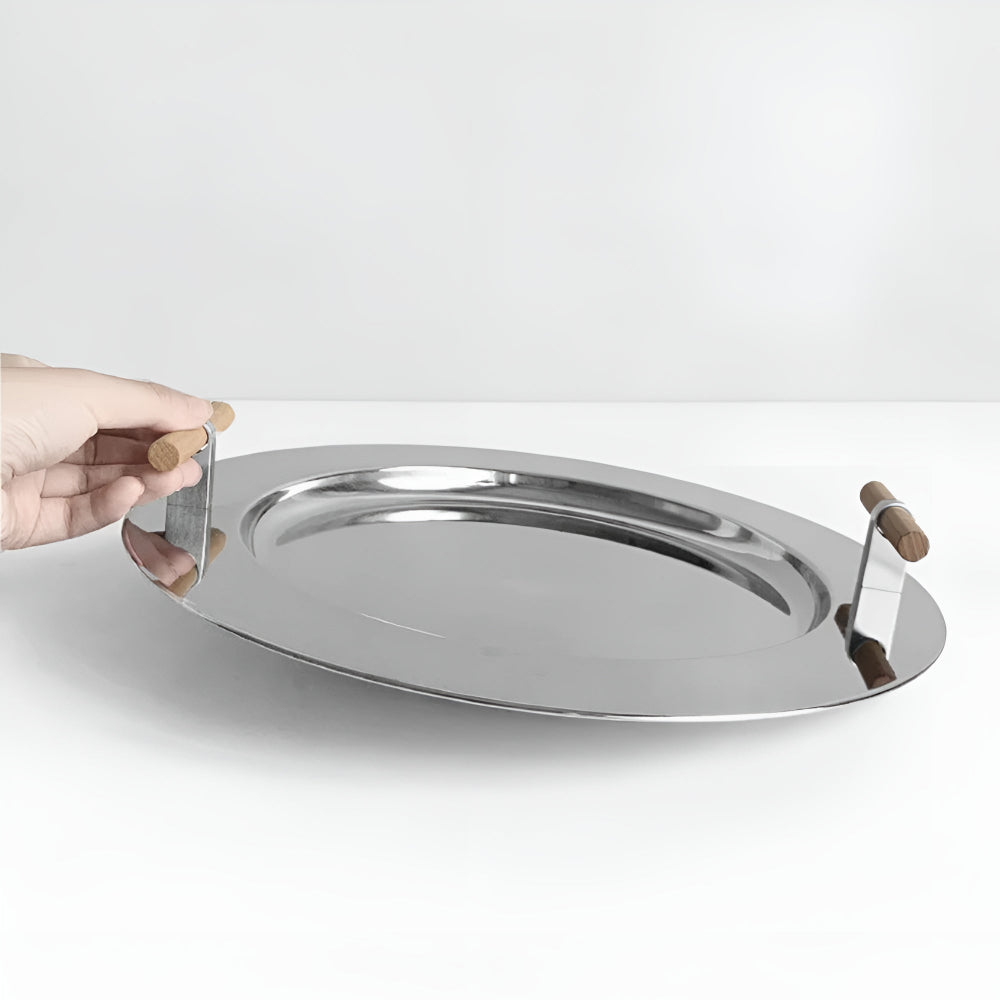 Elegantes Rundtablett aus Edelstahl mit Holzgriffen