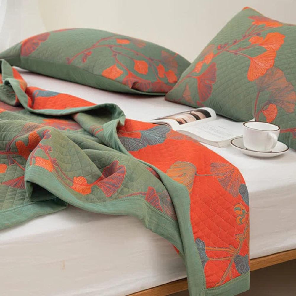Ginkgo Orange Blatt Floral Muster Tagesdecke