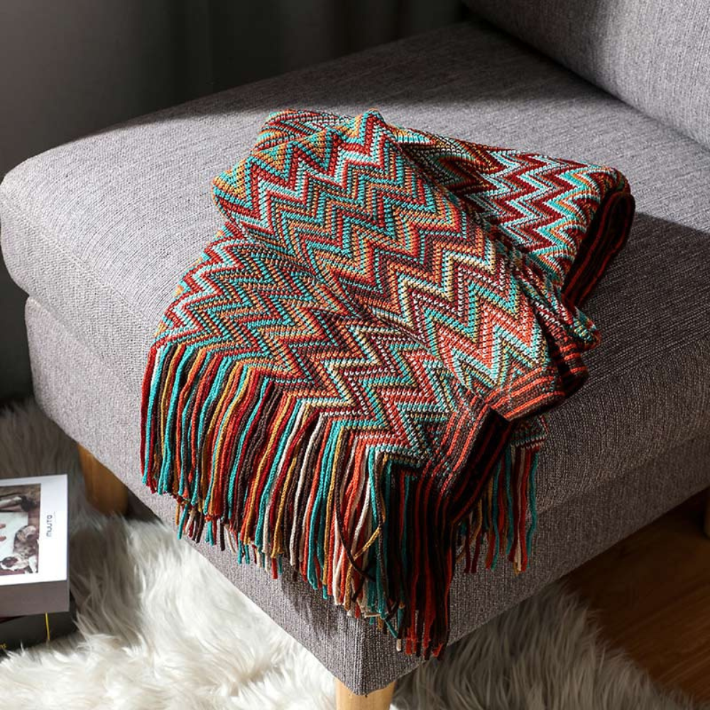 Multicolor Zickzack Fransen Strickdecke