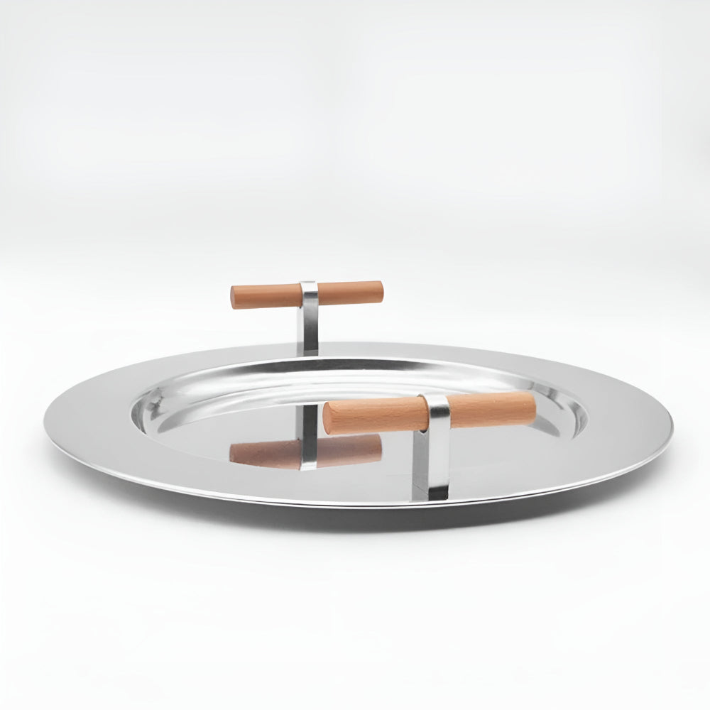 Elegantes Rundtablett aus Edelstahl mit Holzgriffen