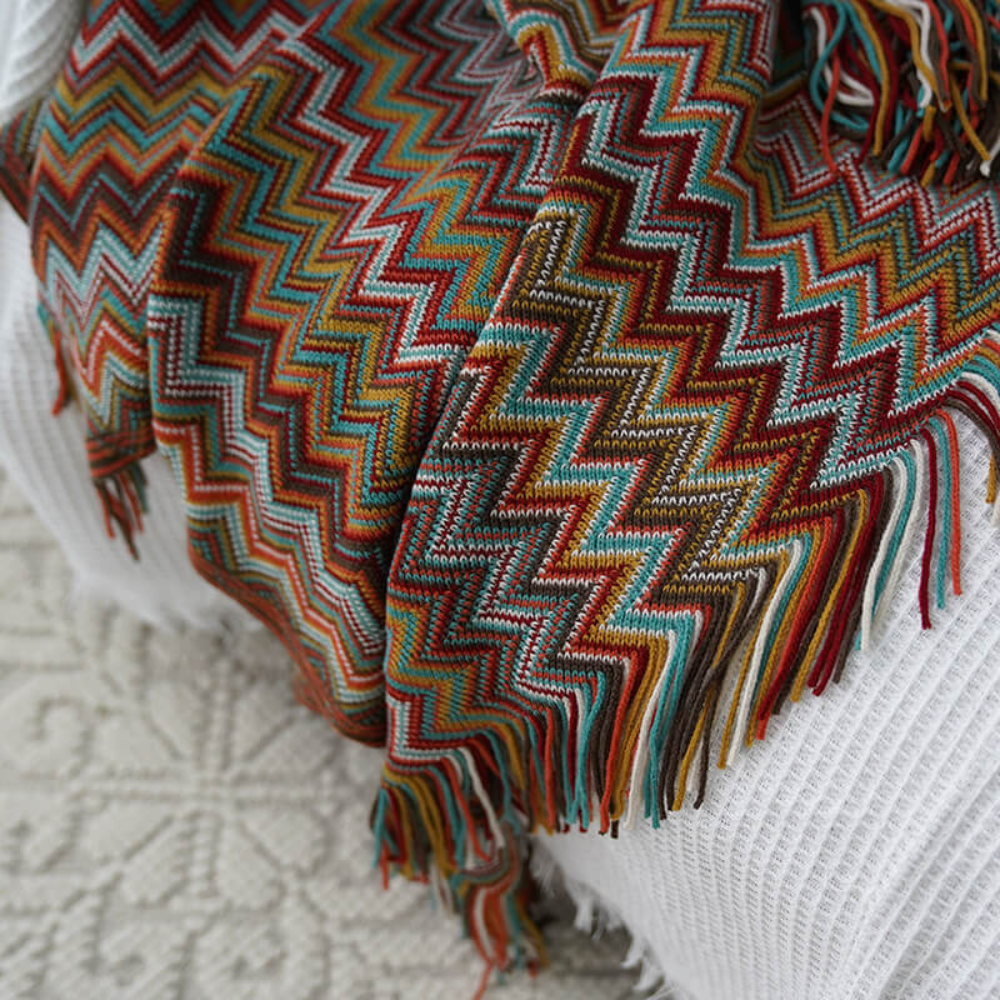 Multicolor Zickzack Fransen Strickdecke