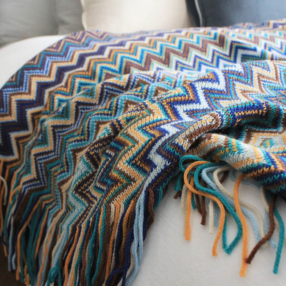Multicolor Zickzack Fransen Strickdecke