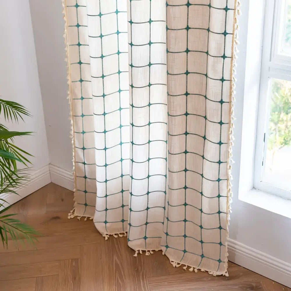 Türkis Gitter Boho Quasten Vorhang