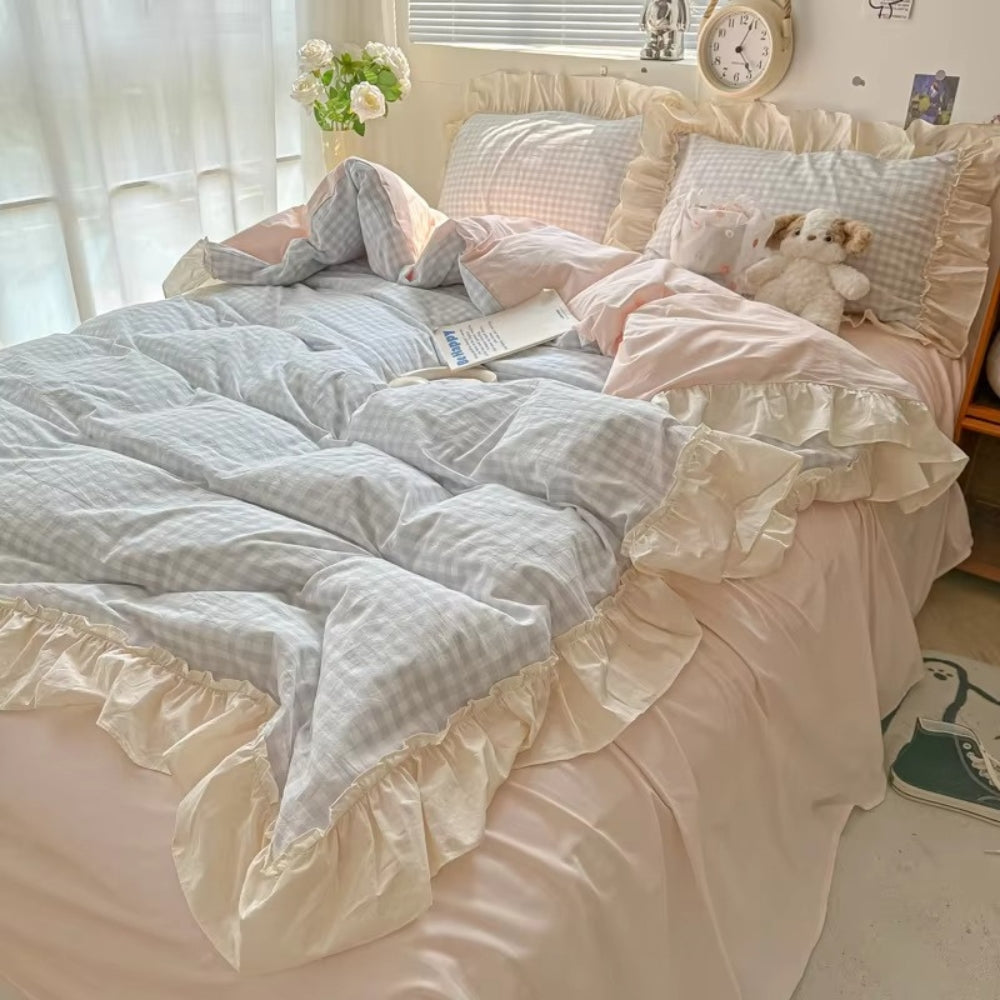 Gingham-Karo Rüschen-Bettwäsche-Set