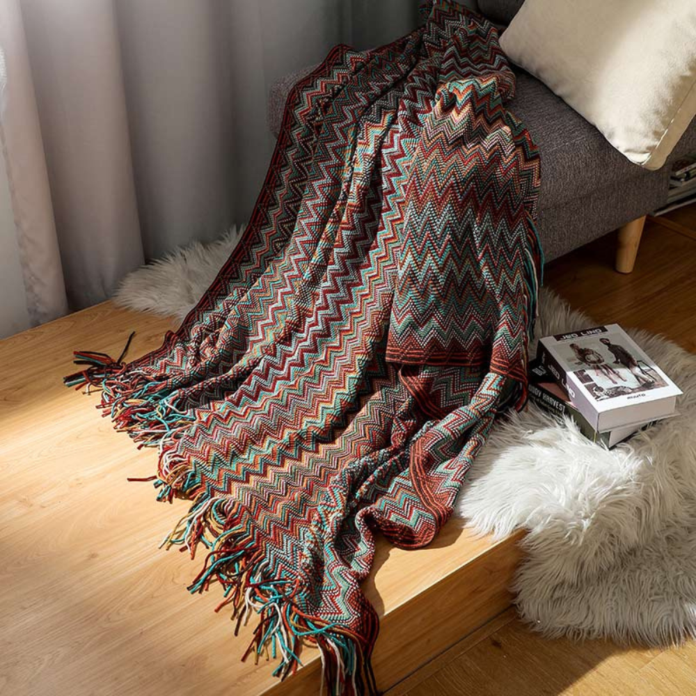Multicolor Zickzack Fransen Strickdecke
