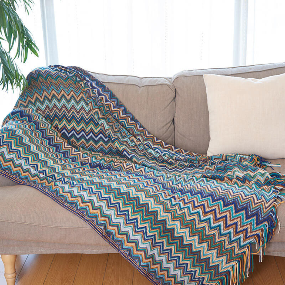Multicolor Zickzack Fransen Strickdecke