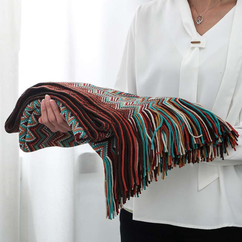 Multicolor Zickzack Fransen Strickdecke