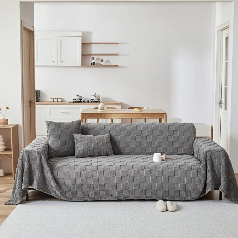 Karierter Plüschvelours Sofaüberwurf