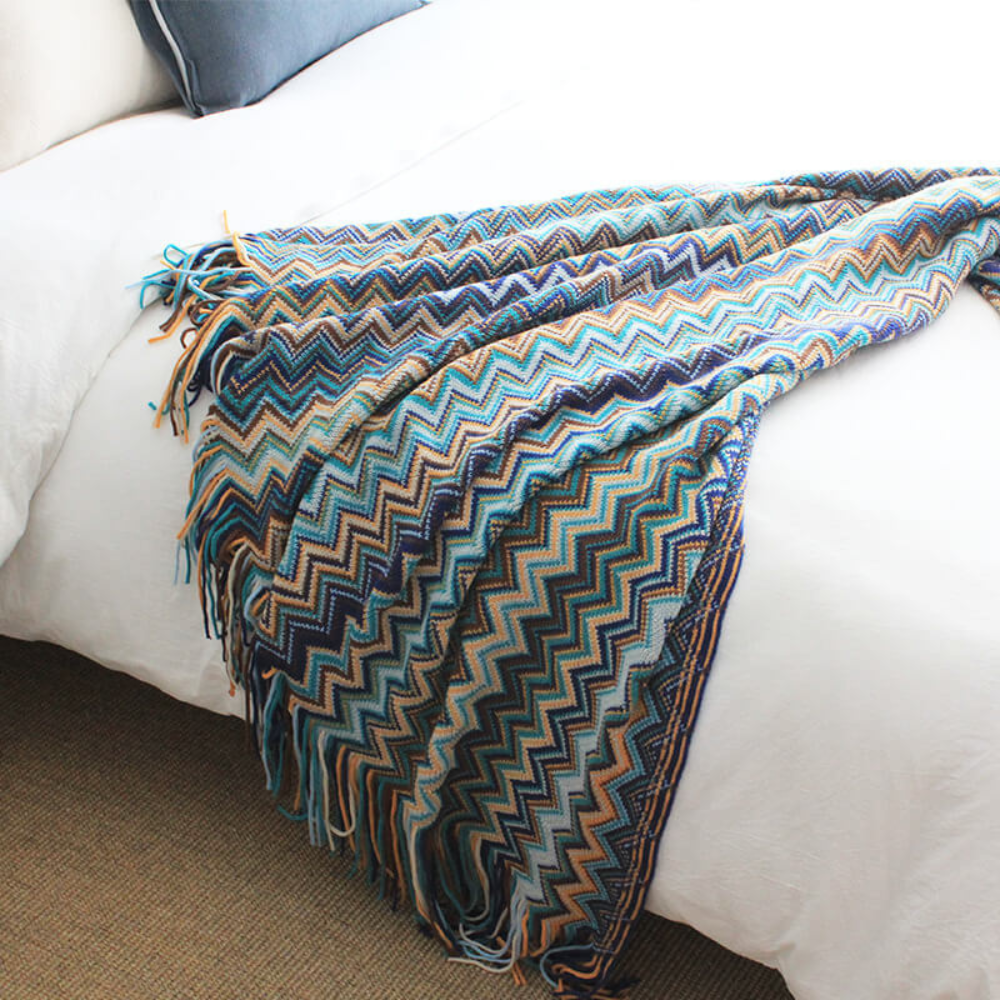 Multicolor Zickzack Fransen Strickdecke