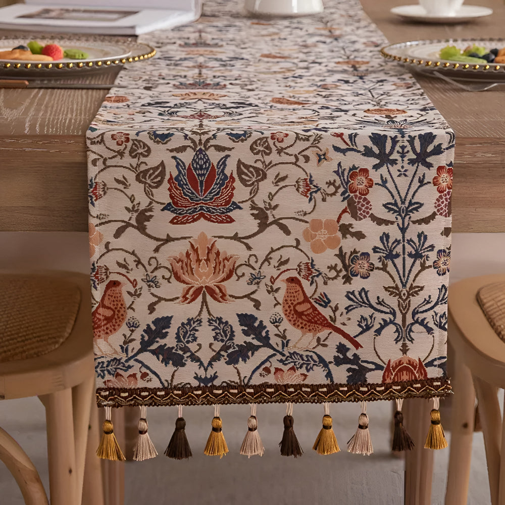 Vintage Blumen- & Vogel-Jacquard Tischläufer