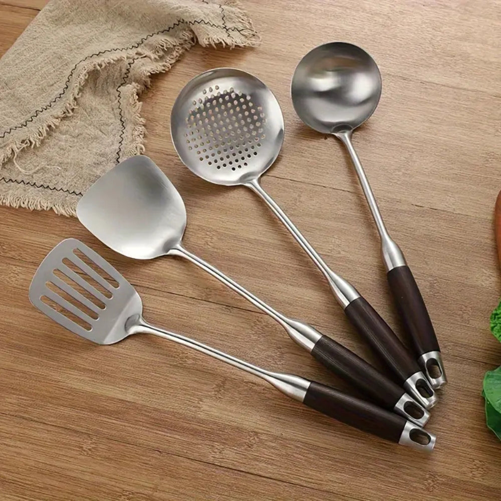 Glänzende Edelstahl-Holzutensilien | 6-teiliges Set