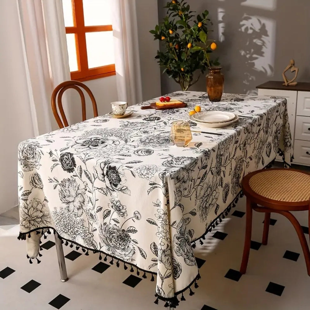 Schwarze Blumenfransen Farmhouse Tischdecke