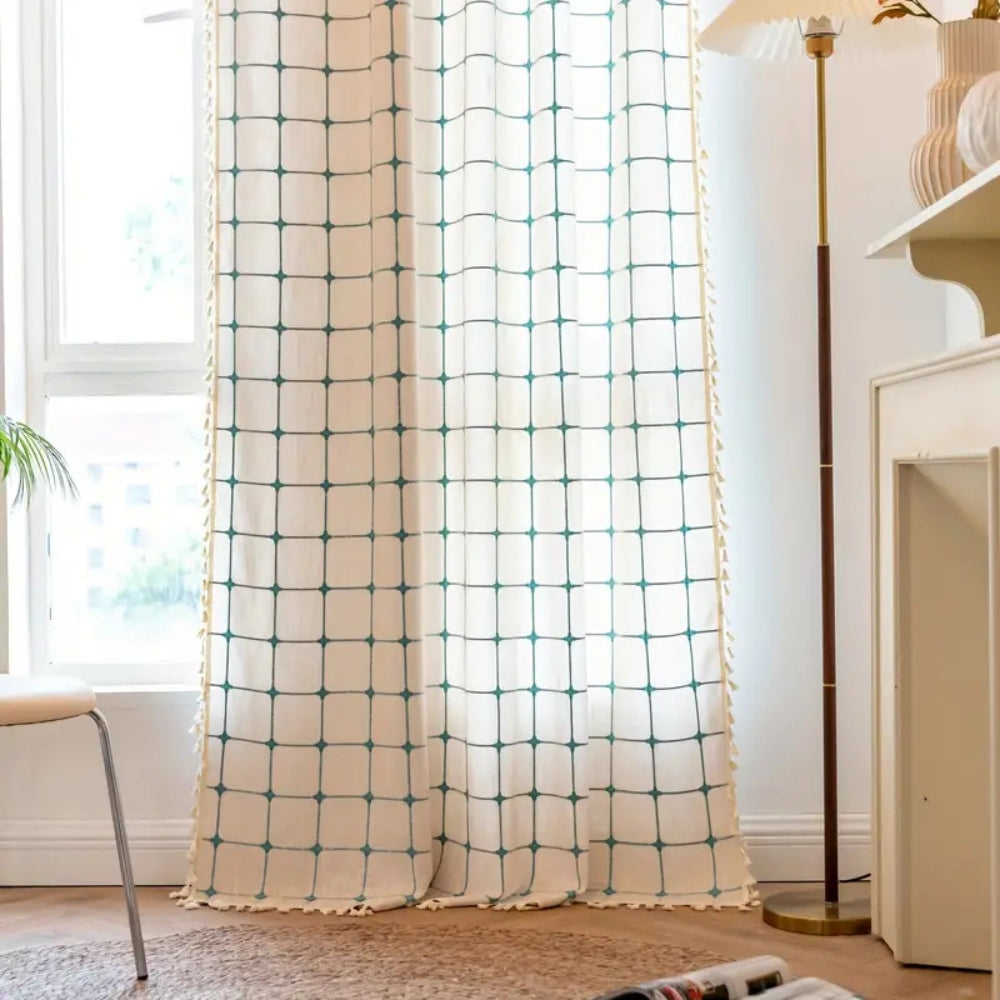 Türkis Gitter Boho Quasten Vorhang