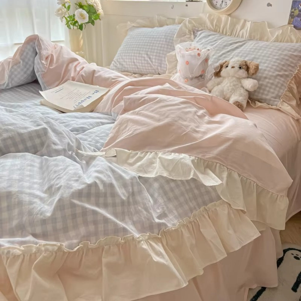 Gingham-Karo Rüschen-Bettwäsche-Set