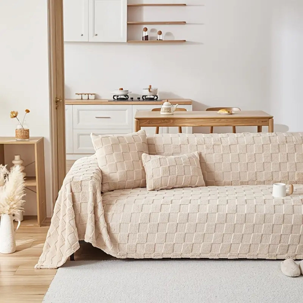 Karierter Plüschvelours Sofaüberwurf