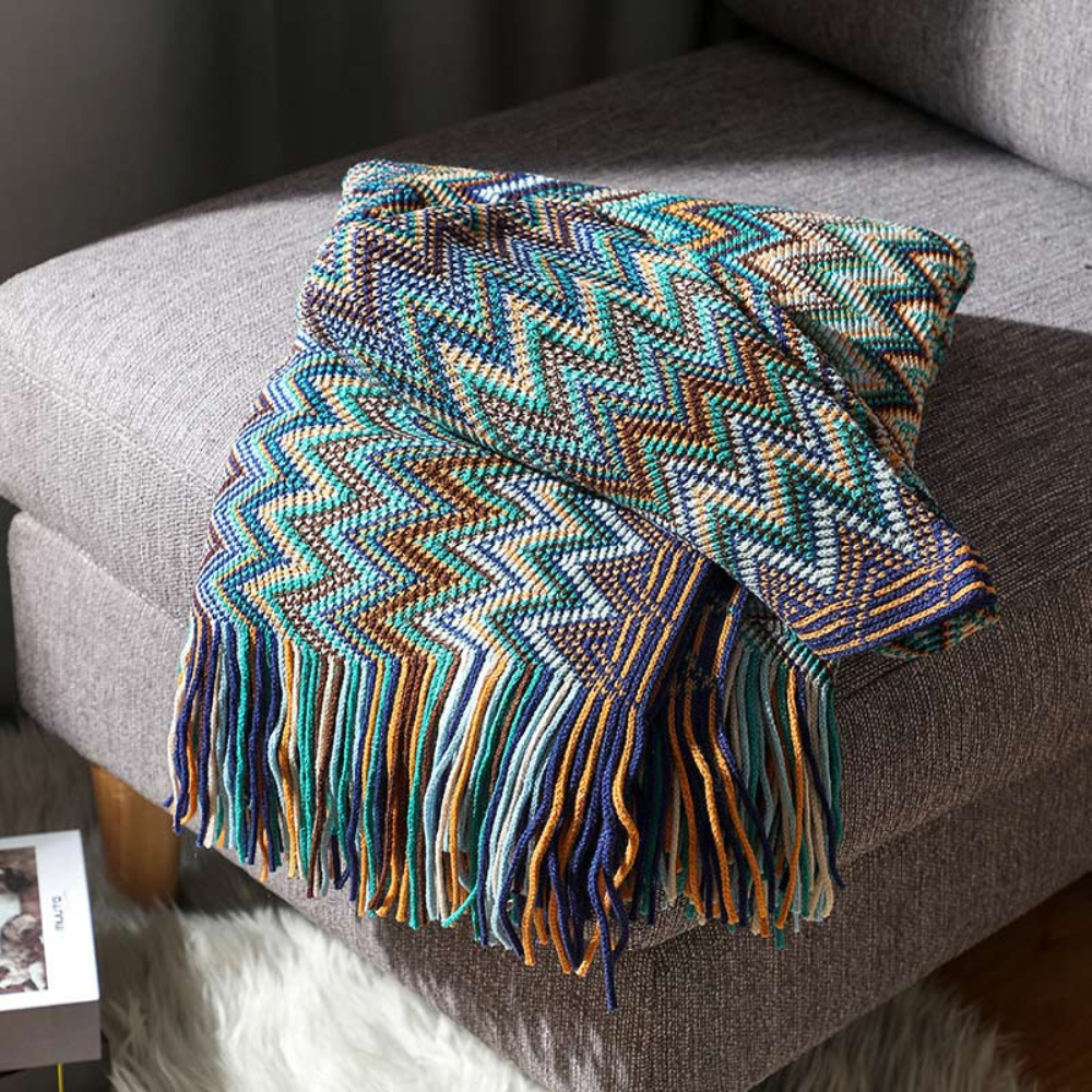 Multicolor Zickzack Fransen Strickdecke