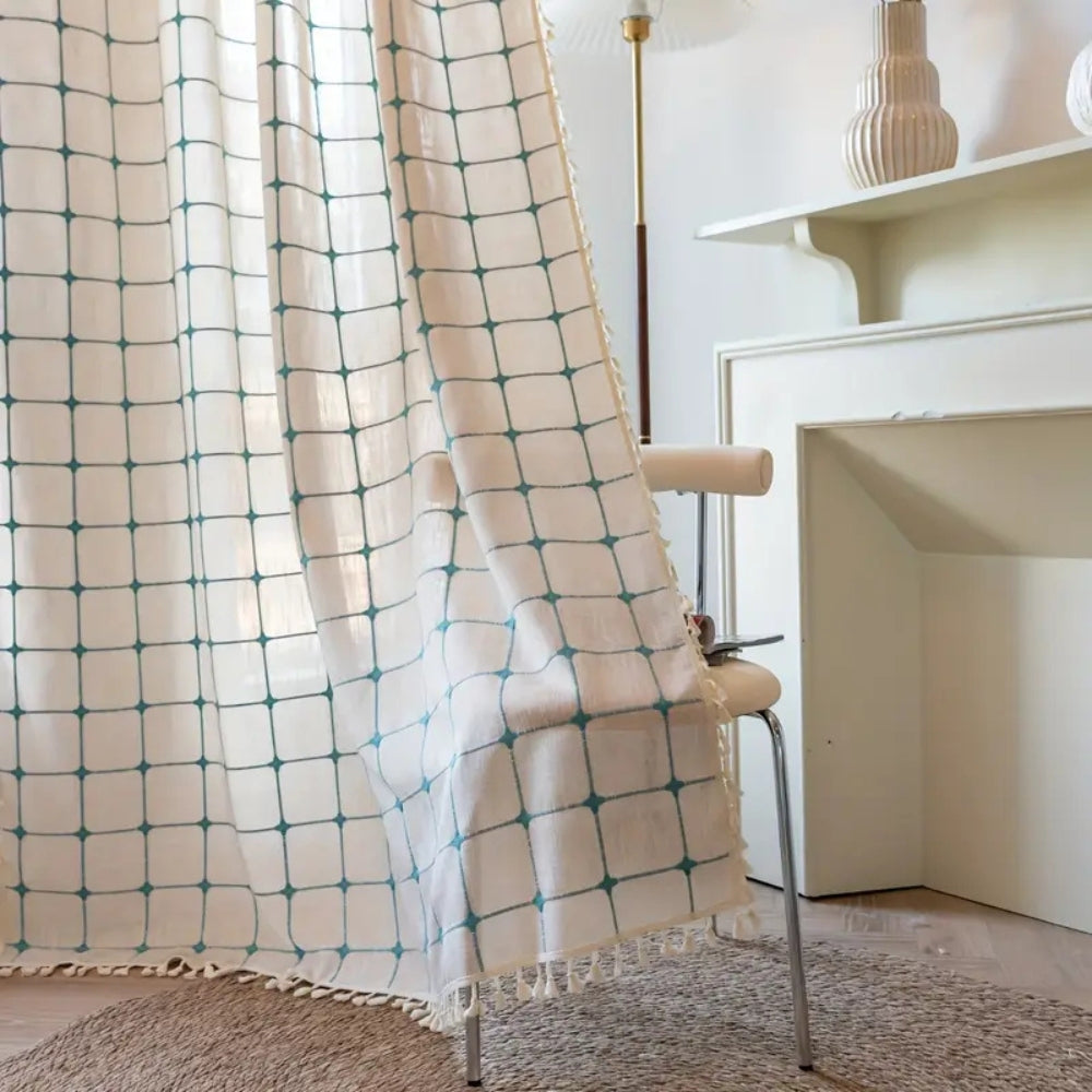 Türkis Gitter Boho Quasten Vorhang