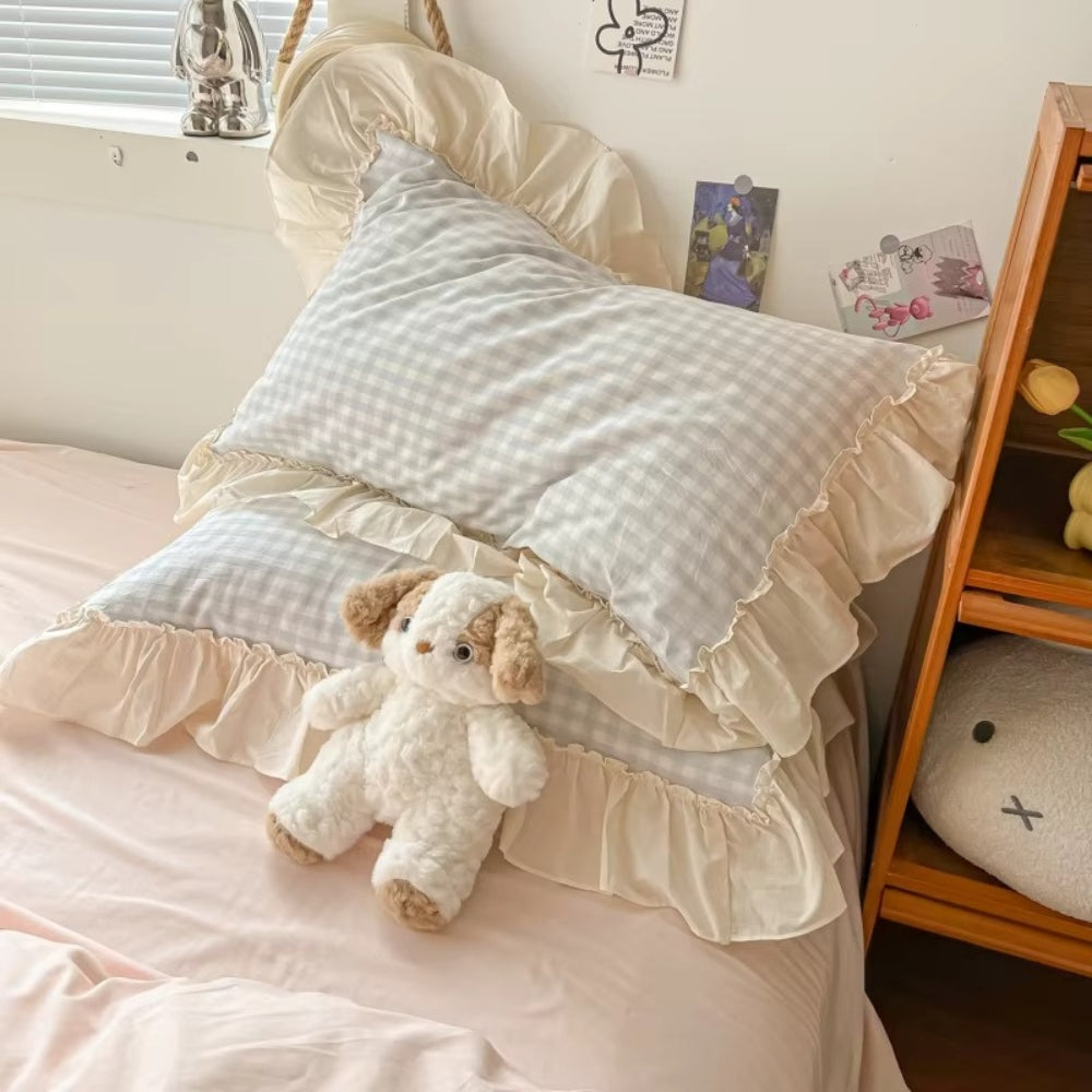 Gingham-Karo Rüschen-Bettwäsche-Set