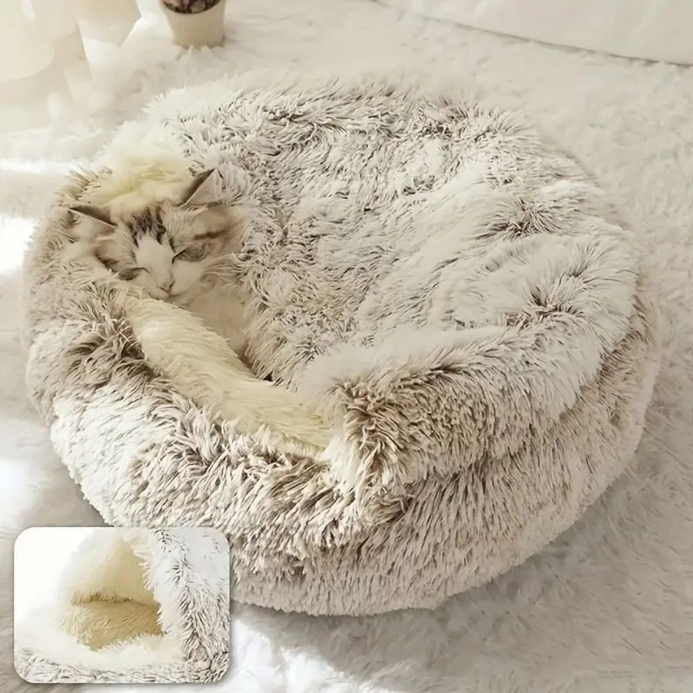 Runde Kapuzen-Faux-Fur Haustierbett