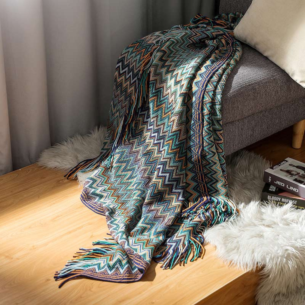 Multicolor Zickzack Fransen Strickdecke
