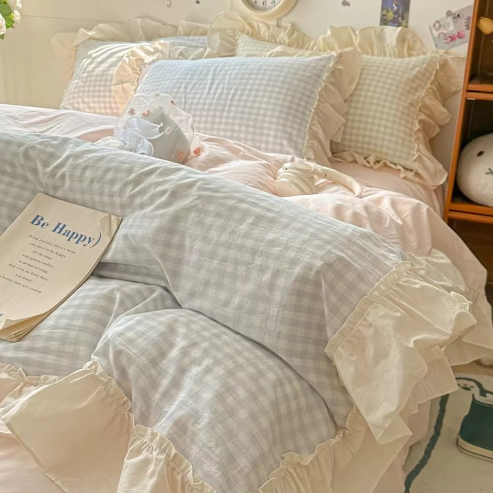 Gingham-Karo Rüschen-Bettwäsche-Set