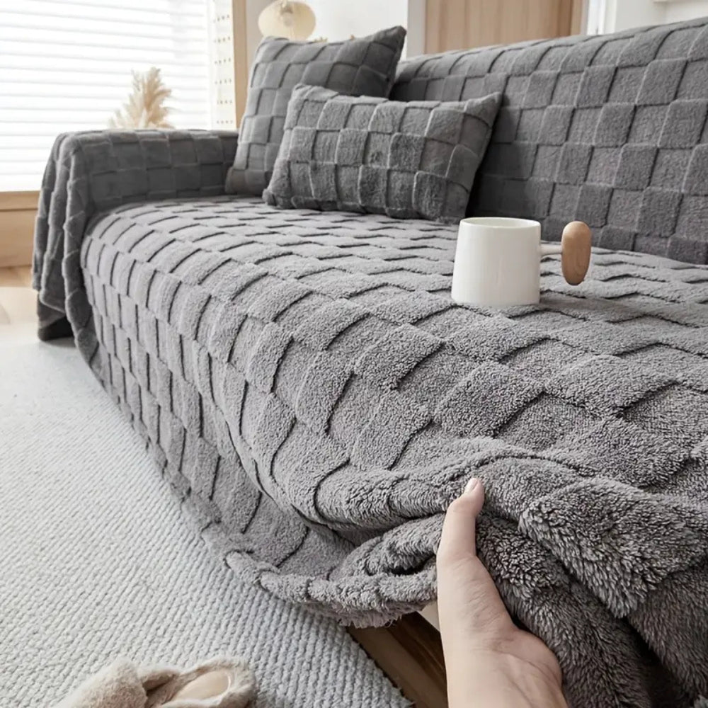 Karierter Plüschvelours Sofaüberwurf