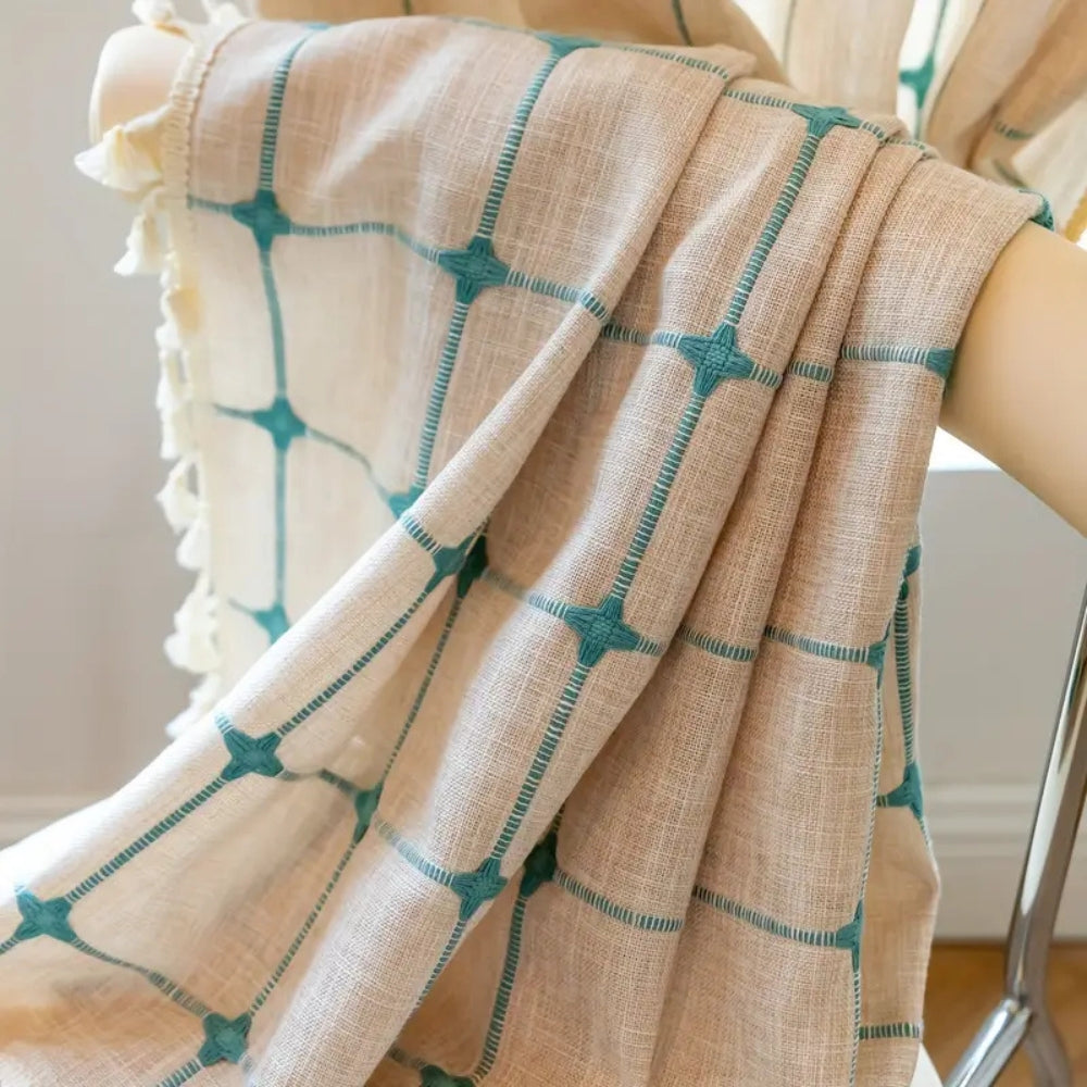Türkis Gitter Boho Quasten Vorhang