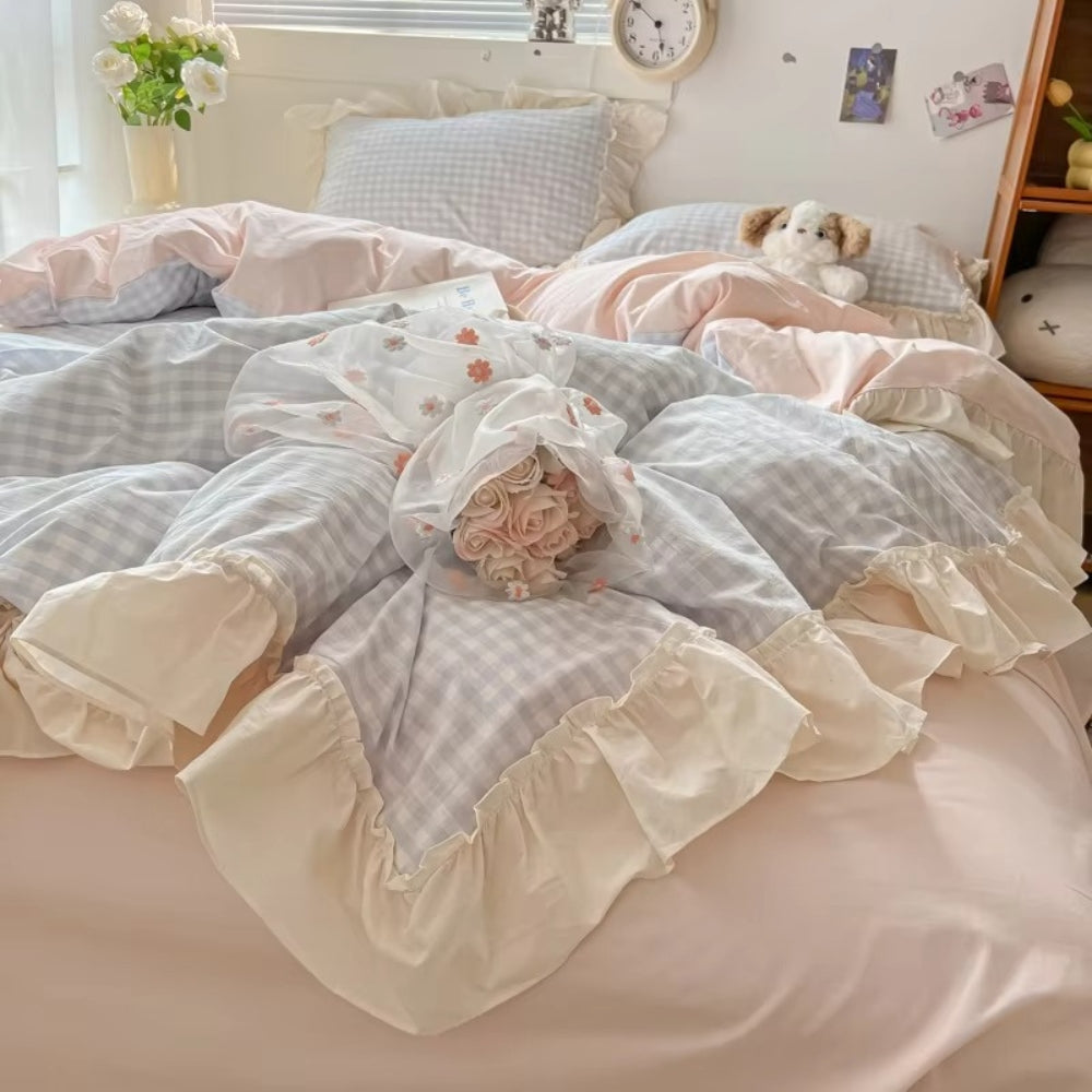 Gingham-Karo Rüschen-Bettwäsche-Set