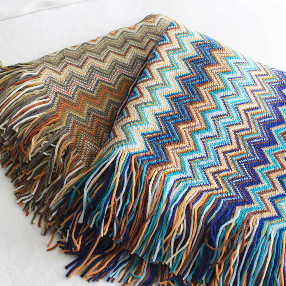 Multicolor Zickzack Fransen Strickdecke