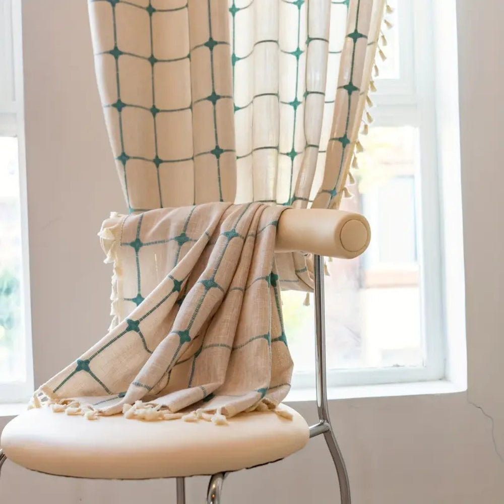 Türkis Gitter Boho Quasten Vorhang
