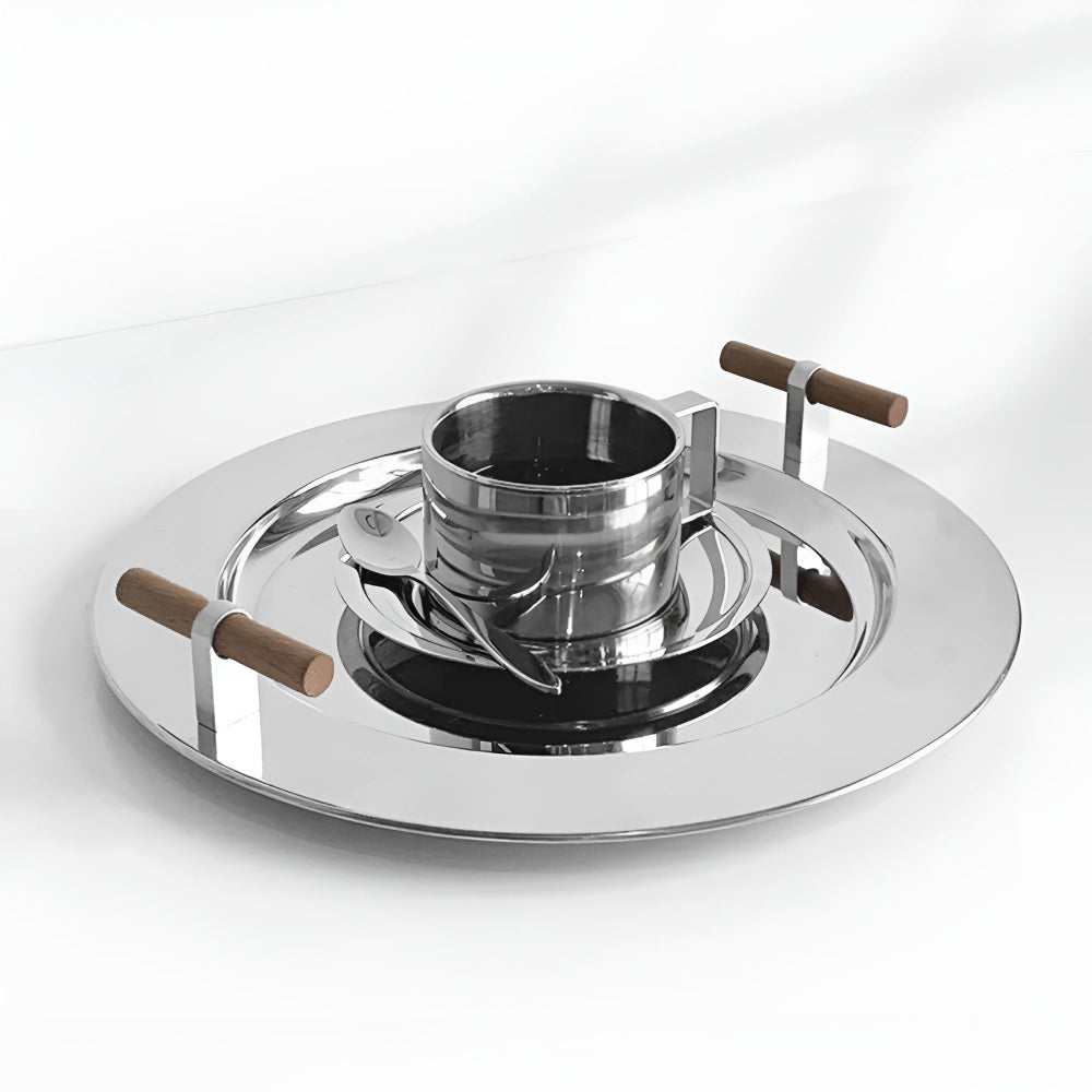 Elegantes Rundtablett aus Edelstahl mit Holzgriffen