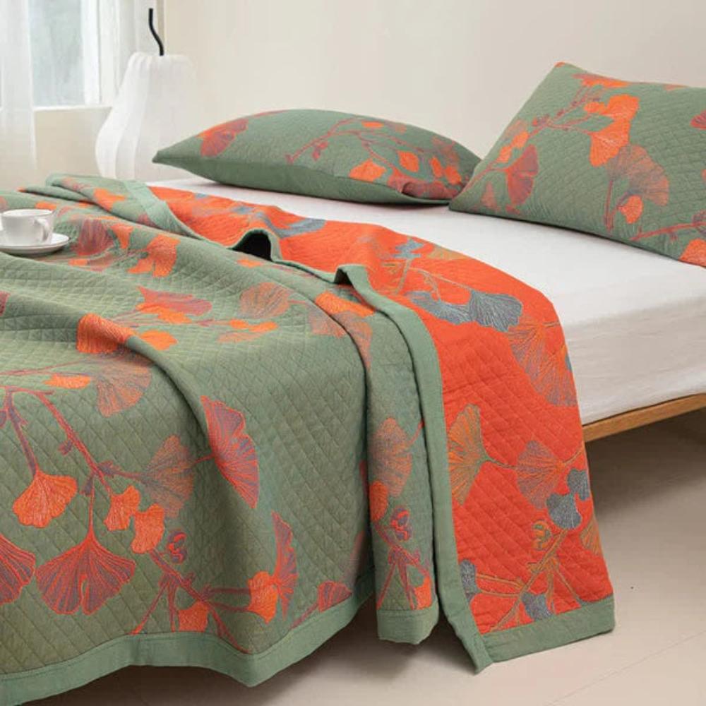 Ginkgo Orange Blatt Floral Muster Tagesdecke