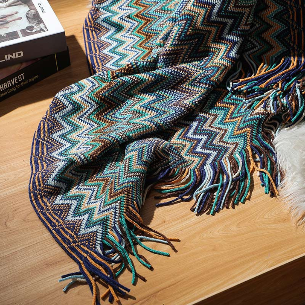 Multicolor Zickzack Fransen Strickdecke