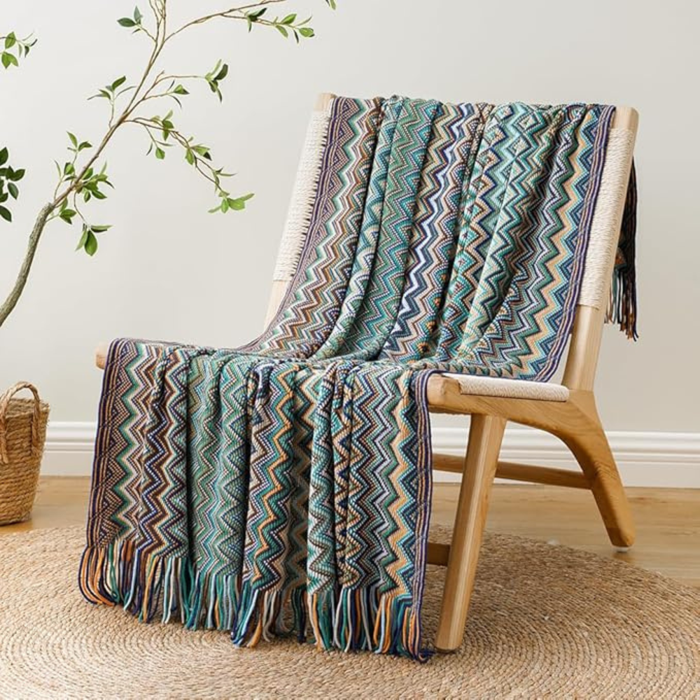 Multicolor Zickzack Fransen Strickdecke