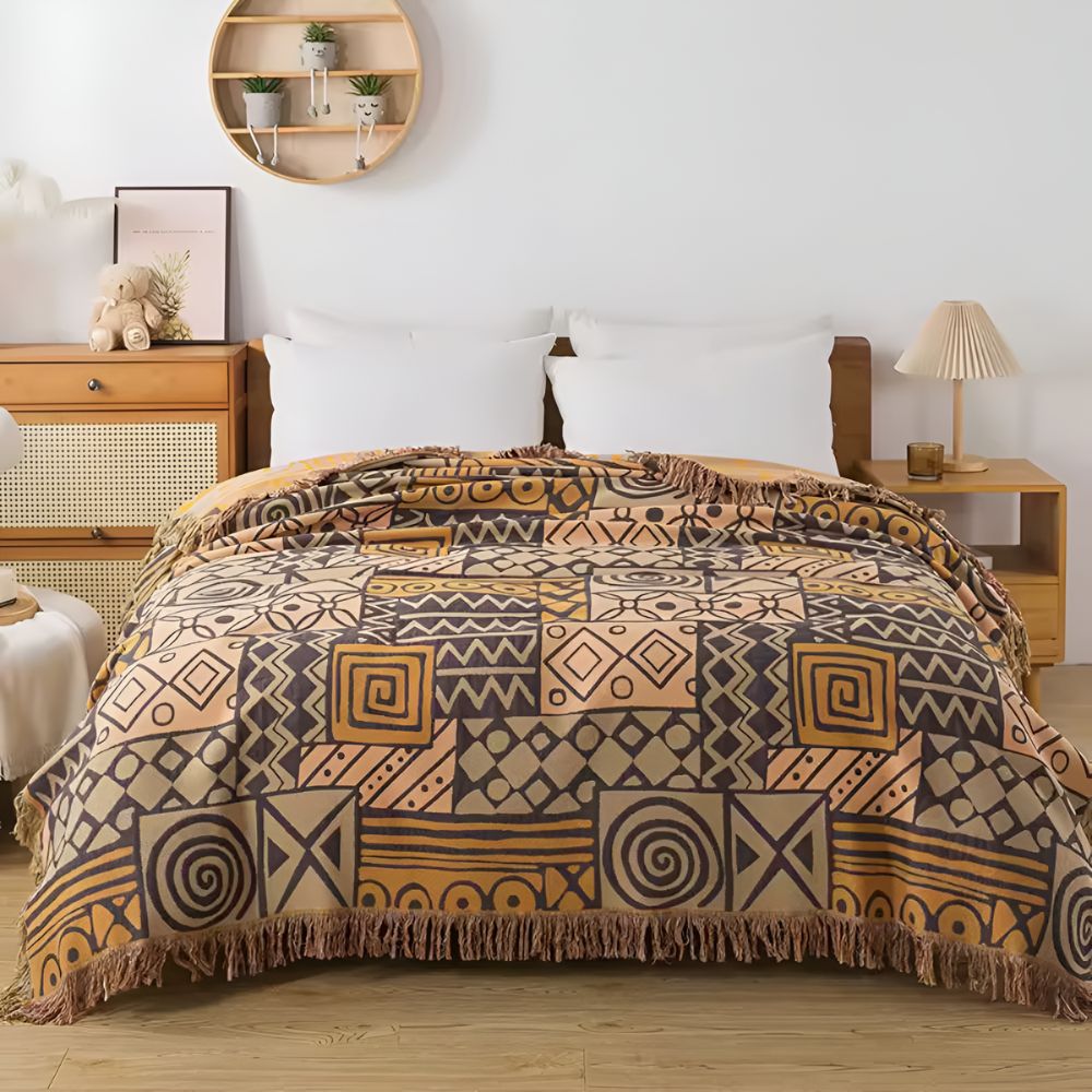 Tribal Patchwork Wendedecke mit Quasten aus Baumwolle