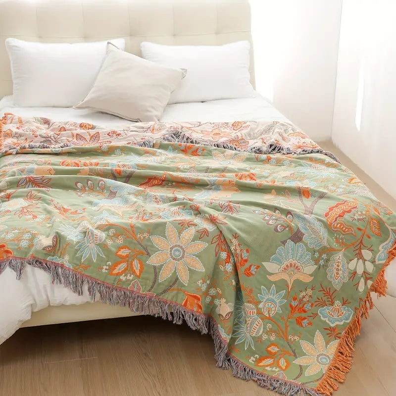 Rustikale Blumen Boho Decke | 100% Baumwoll Blumen Decke