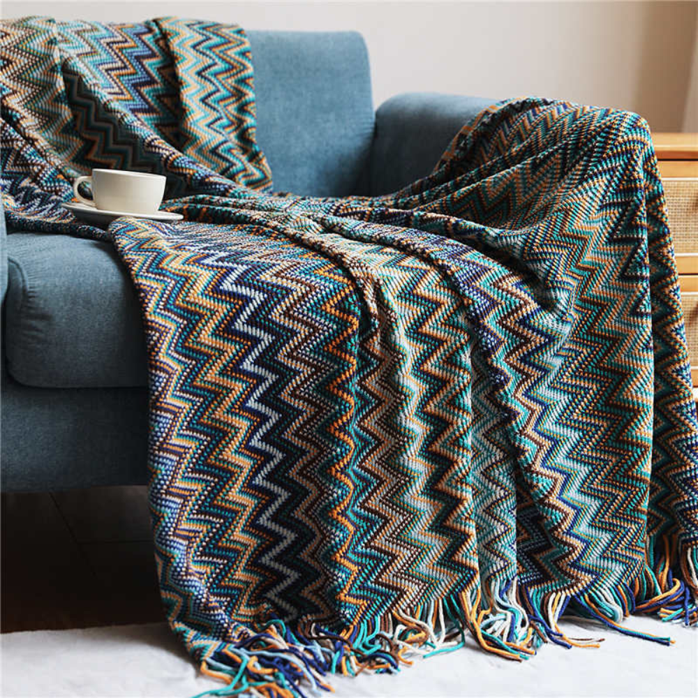 Multicolor Zickzack Fransen Strickdecke
