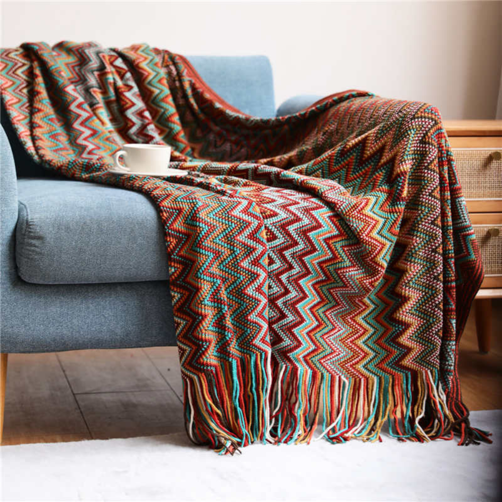 Multicolor Zickzack Fransen Strickdecke