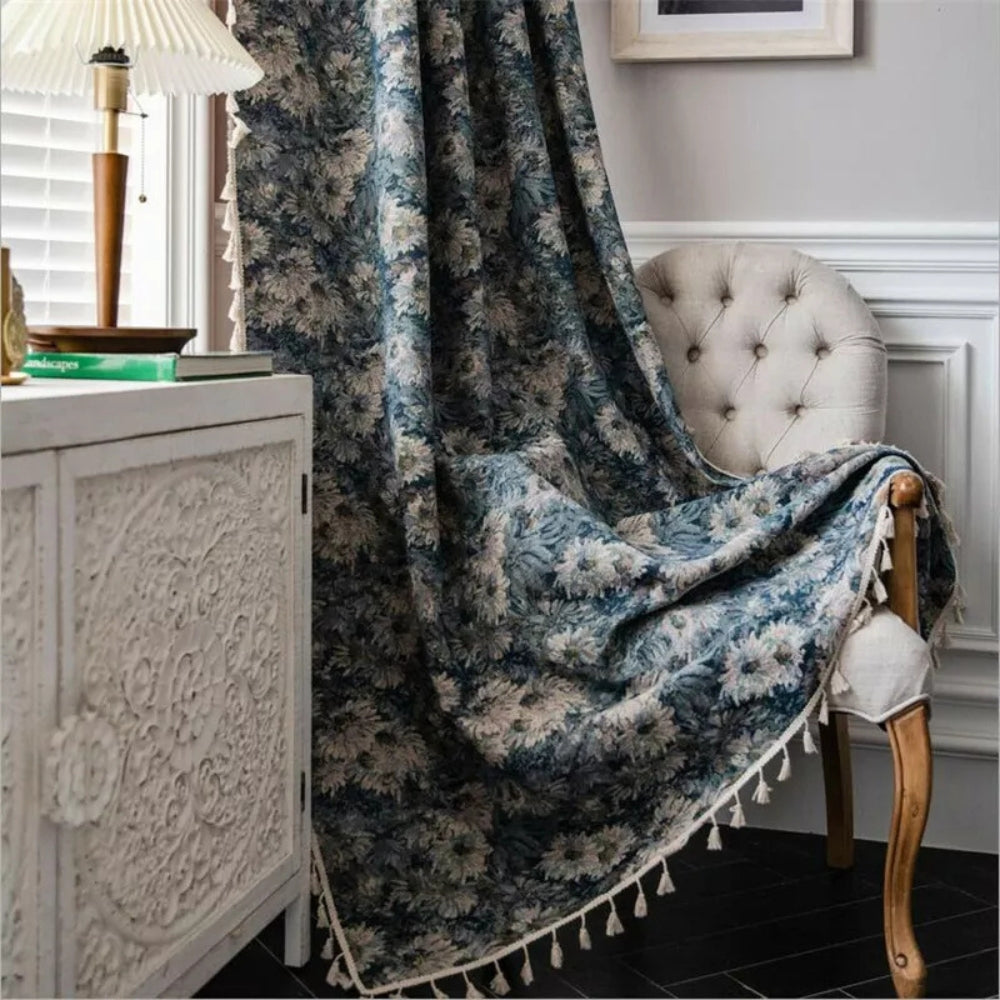 Marineblau Floral Quasten Vorhänge