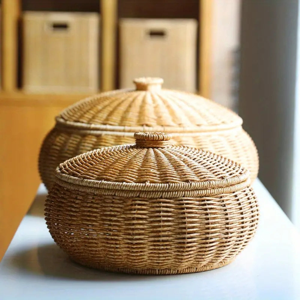 Dome-förmiger gestrickter Rattan-Korb mit Deckel