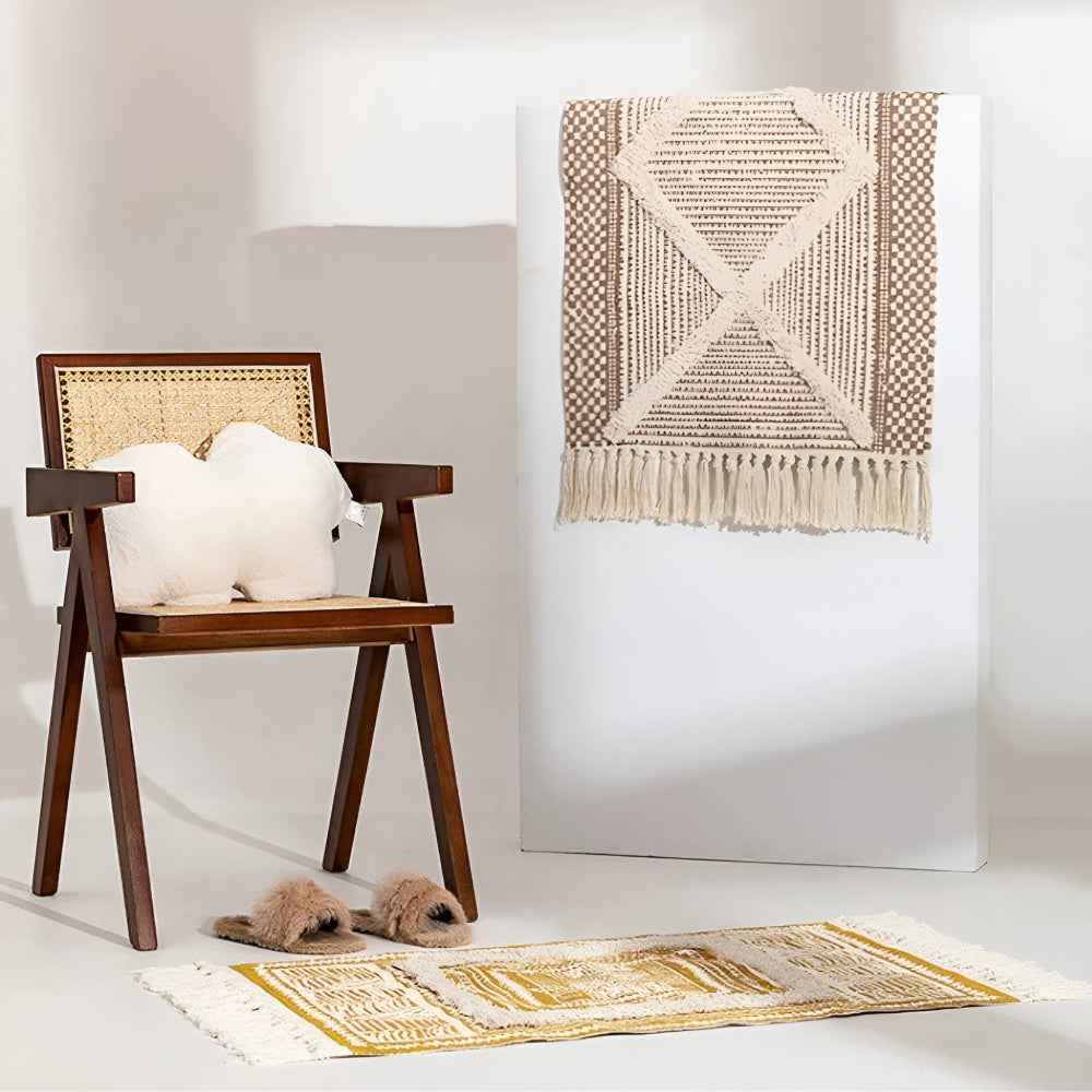 Beige Texturiertes Fransen-Tassel-Teppich