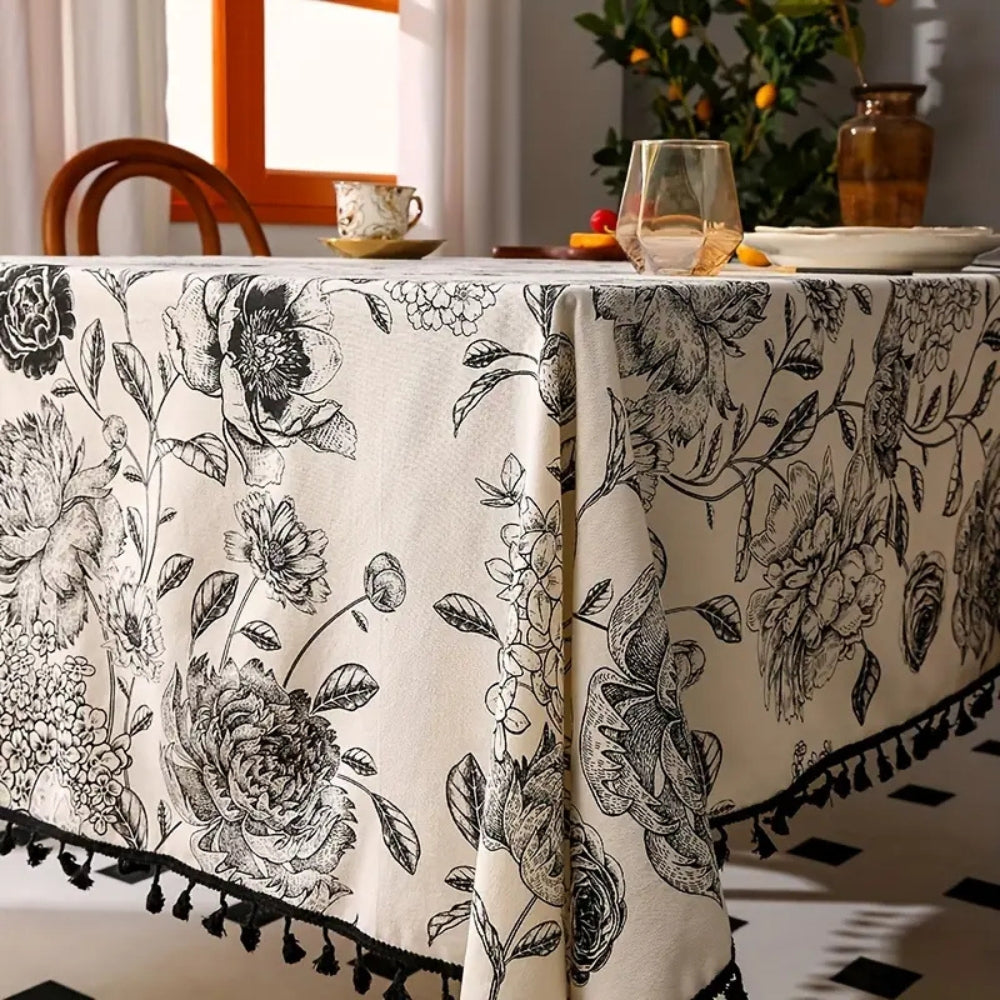 Schwarze Blumenfransen Farmhouse Tischdecke