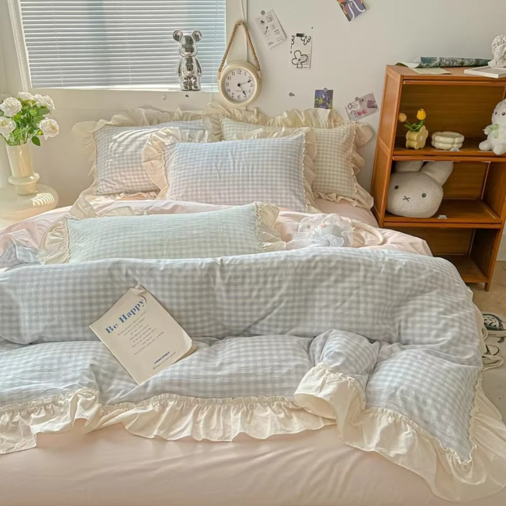 Gingham-Karo Rüschen-Bettwäsche-Set