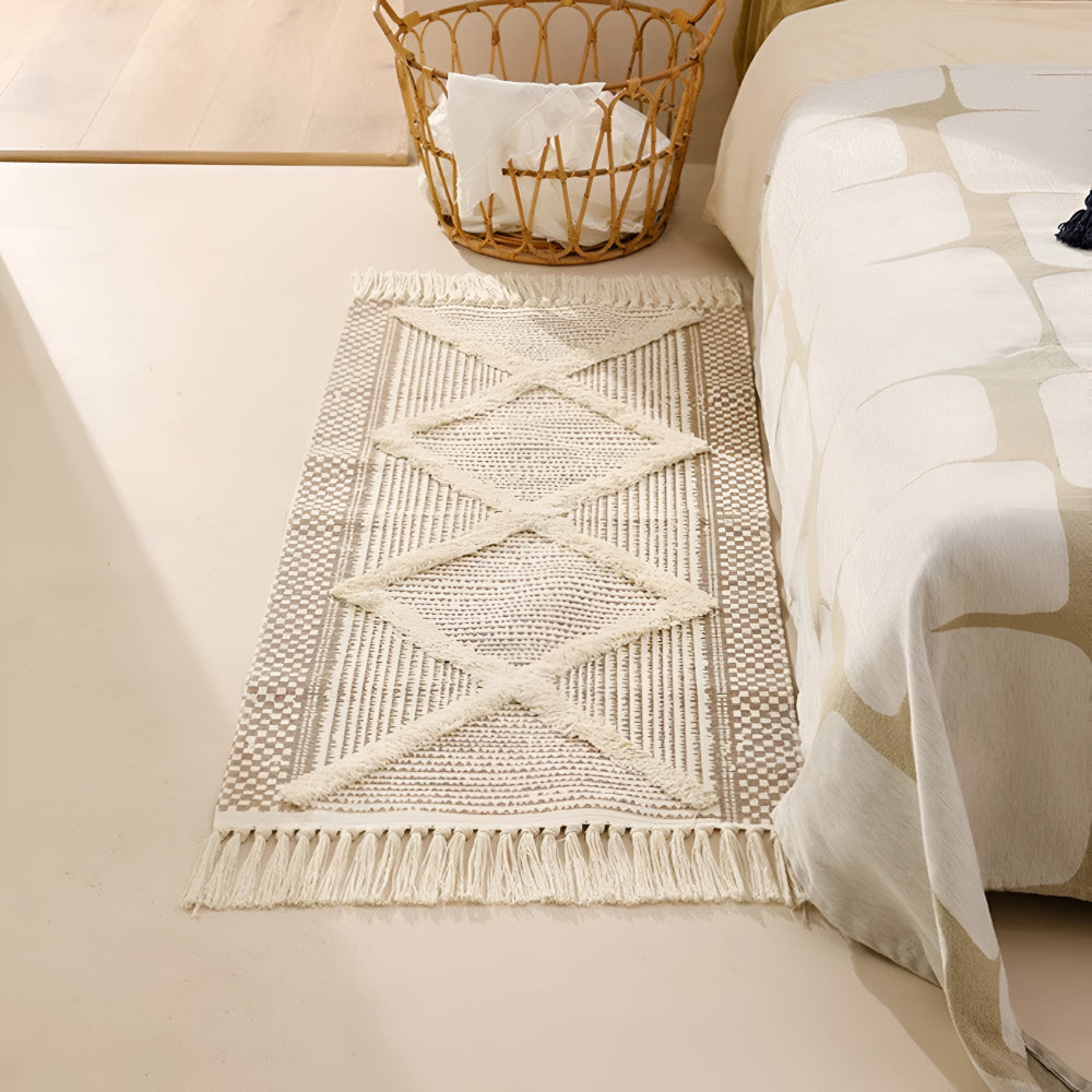 Beige Texturiertes Fransen-Tassel-Teppich