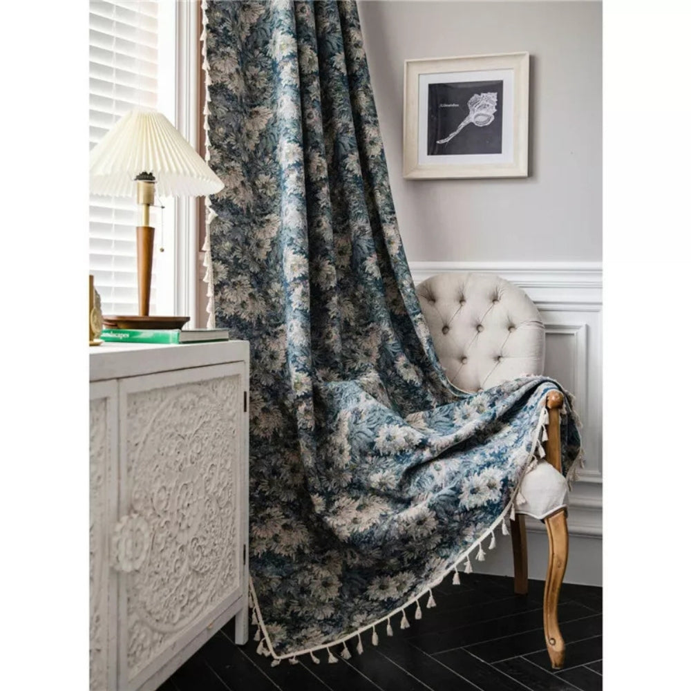 Marineblau Floral Quasten Vorhänge